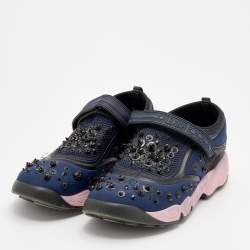 Pre Owned Dior Blue Neoprene and Mesh Fusion Crystal Embellished Slip On Sneakers Size 37