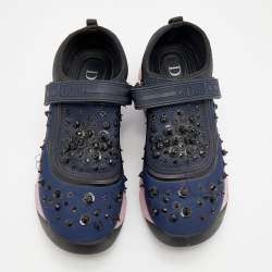 Pre Owned Dior Blue Neoprene and Mesh Fusion Crystal Embellished Slip On Sneakers Size 37