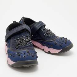 Pre Owned Dior Blue Neoprene and Mesh Fusion Crystal Embellished Slip On Sneakers Size 37