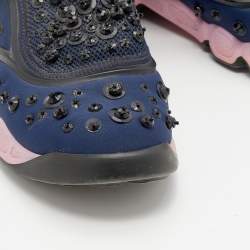 Pre Owned Dior Blue Neoprene and Mesh Fusion Crystal Embellished Slip On Sneakers Size 37