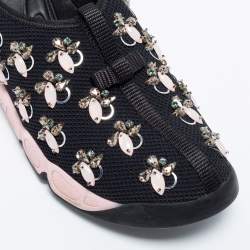 Pre Owned Dior Black/Pink Crystal Embellished Mesh Fusion Slip-On Sneakers Size 37.5