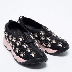 Pre Owned Dior Black/Pink Crystal Embellished Mesh Fusion Slip-On Sneakers Size 37.5
