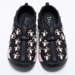 Pre Owned Dior Black/Pink Crystal Embellished Mesh Fusion Slip-On Sneakers Size 37.5