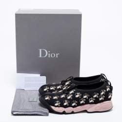 Pre Owned Dior Black/Pink Crystal Embellished Mesh Fusion Slip-On Sneakers Size 37.5
