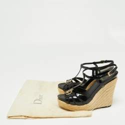 Dior Black Patent Leather T-Strap Espadrille Platform Wedge Sandals Size 38