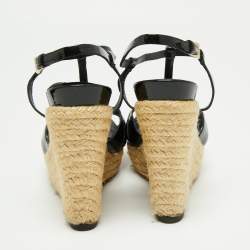 Dior Black Patent Leather T-Strap Espadrille Platform Wedge Sandals Size 38