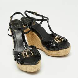 Dior Black Patent Leather T-Strap Espadrille Platform Wedge Sandals Size 38