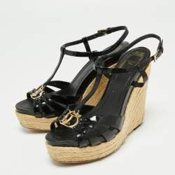 Dior Black Patent Leather T-Strap Espadrille Platform Wedge Sandals Size 38