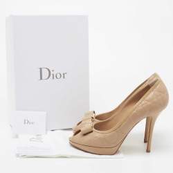 Pre Owned Dior Beige Cannage Leather And Patent Leather Bow Peep Toe Platform Pumps Size 41