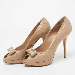 Pre Owned Dior Beige Cannage Leather And Patent Leather Bow Peep Toe Platform Pumps Size 41