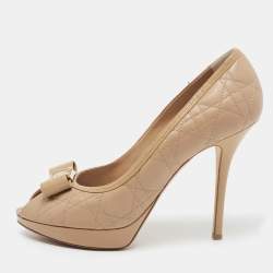 Pre Owned Dior Beige Cannage Leather And Patent Leather Bow Peep Toe Platform Pumps Size 41