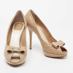 Pre Owned Dior Beige Cannage Leather And Patent Leather Bow Peep Toe Platform Pumps Size 41