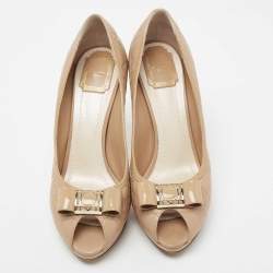 Pre Owned Dior Beige Cannage Leather And Patent Leather Bow Peep Toe Platform Pumps Size 41