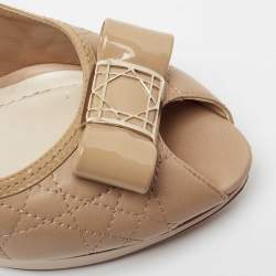 Pre Owned Dior Beige Cannage Leather And Patent Leather Bow Peep Toe Platform Pumps Size 41