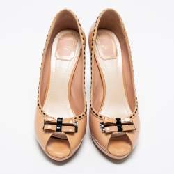 Pre Owned Dior Beige Patent Leather Double Bow Peep Toe Pumps Size 41