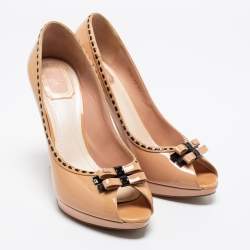 Pre Owned Dior Beige Patent Leather Double Bow Peep Toe Pumps Size 41
