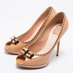 Pre Owned Dior Beige Patent Leather Double Bow Peep Toe Pumps Size 41