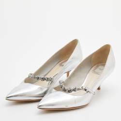 Pre Owned Dior Silver Leather Pointed Toe Flower Mary Jane Pumps Size 38.5