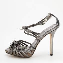 Dior Metallic Dark Grey Leather Strappy Platform Sandals Size 38