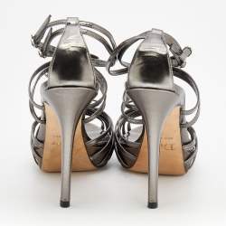 Dior Metallic Dark Grey Leather Strappy Platform Sandals Size 38