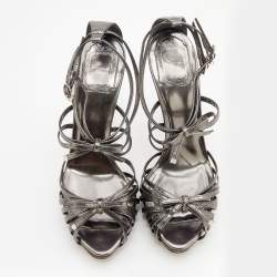 Dior Metallic Dark Grey Leather Strappy Platform Sandals Size 38