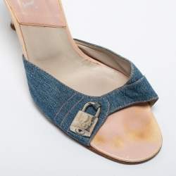 Dior Blue Denim Lock and Key Charm Slide Sandals Size 39.5