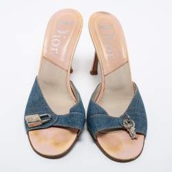 Dior Blue Denim Lock and Key Charm Slide Sandals Size 39.5