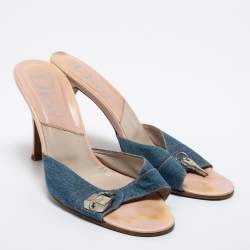 Dior Blue Denim Lock and Key Charm Slide Sandals Size 39.5