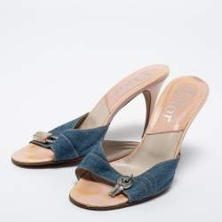 Dior Blue Denim Lock and Key Charm Slide Sandals Size 39.5
