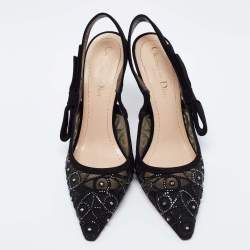 Pre Owned صندل ديور سويدي أسود مرصع كريستال فتحة كعب مقاس 36