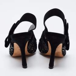 Pre Owned صندل ديور سويدي أسود مرصع كريستال فتحة كعب مقاس 36