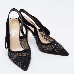 Pre Owned صندل ديور سويدي أسود مرصع كريستال فتحة كعب مقاس 36