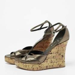 Dior Metallic Olive Green Leather Glam Straps Wedge Sandals Size 38