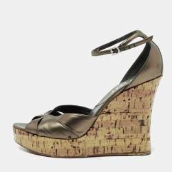 Dior Metallic Olive Green Leather Glam Straps Wedge Sandals Size 38