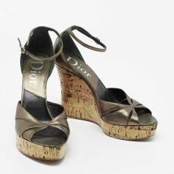 Dior Metallic Olive Green Leather Glam Straps Wedge Sandals Size 38