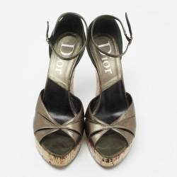 Dior Metallic Olive Green Leather Glam Straps Wedge Sandals Size 38