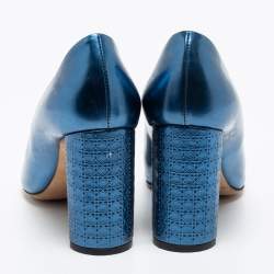Pre Owned Dior Blue Patent Leather Cannage Block Heel Pumps Size 36.5