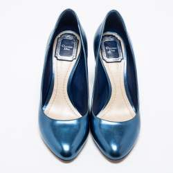 Pre Owned Dior Blue Patent Leather Cannage Block Heel Pumps Size 36.5