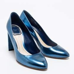 Pre Owned Dior Blue Patent Leather Cannage Block Heel Pumps Size 36.5