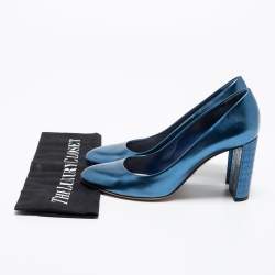 Pre Owned Dior Blue Patent Leather Cannage Block Heel Pumps Size 36.5