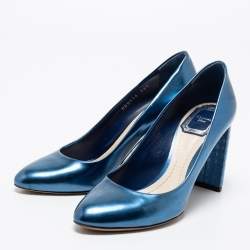 Pre Owned Dior Blue Patent Leather Cannage Block Heel Pumps Size 36.5