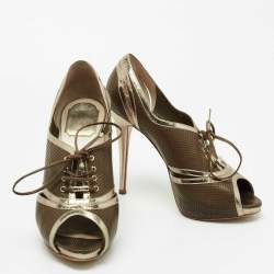 Dior Olive Green/Light Gold Perforated and Leather Lace-Up Open-Toe Pumps Size 38