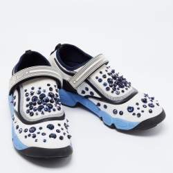 Pre Owned Dior White/Blue Mesh And Stretch Fabric Fusion Embellished Low Top Sneakers Size 40