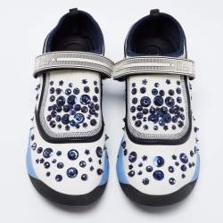 Pre Owned Dior White/Blue Mesh And Stretch Fabric Fusion Embellished Low Top Sneakers Size 40
