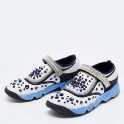 Pre Owned Dior White/Blue Mesh And Stretch Fabric Fusion Embellished Low Top Sneakers Size 40