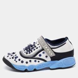 Pre Owned Dior White/Blue Mesh And Stretch Fabric Fusion Embellished Low Top Sneakers Size 40