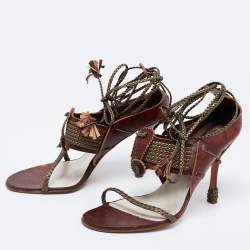 Dior Olive Green/Brown Braided and Leather Vintage Escarpin Ankle-Tie Sandals Size 38