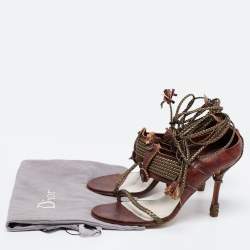 Dior Olive Green/Brown Braided and Leather Vintage Escarpin Ankle-Tie Sandals Size 38