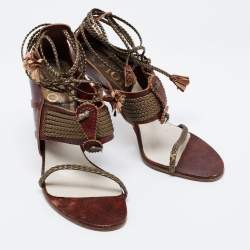 Dior Olive Green/Brown Braided and Leather Vintage Escarpin Ankle-Tie Sandals Size 38