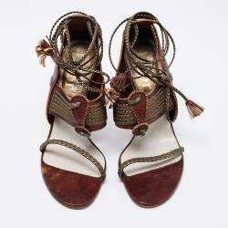 Dior Olive Green/Brown Braided and Leather Vintage Escarpin Ankle-Tie Sandals Size 38